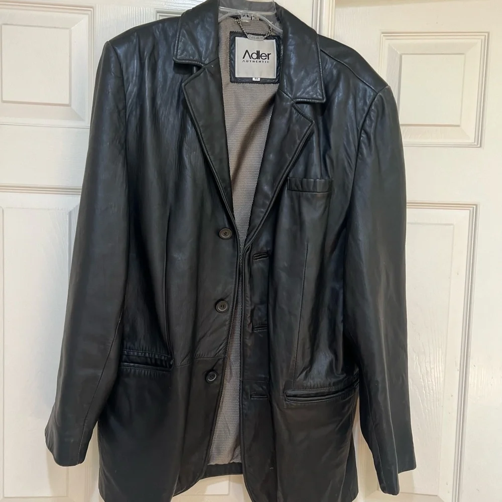 Adler Authentic NZ Lambskin Leather Jacket Black Lined  Button Coat Mens Size 44